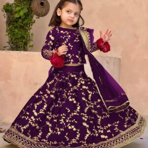 3Pcs Front Embroidered  With Embroidered Skirt And Four Side Emb Dupatta Kids 3Pcs