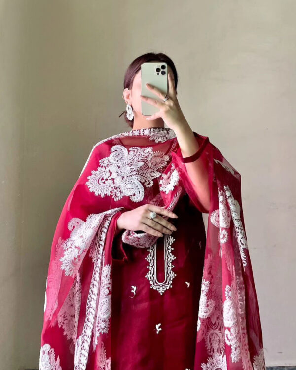 Allover Embroidered Dupatta With Emb Shirt And Trouser 3Pcs - Image 6