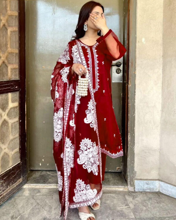 Allover Embroidered Dupatta With Emb Shirt And Trouser 3Pcs - Image 7