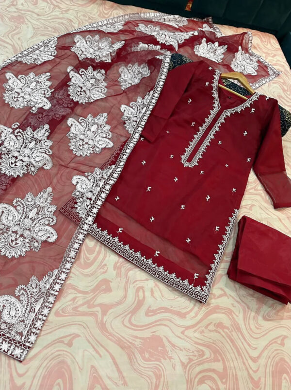 Allover Embroidered Dupatta With Emb Shirt And Trouser 3Pcs - Image 12