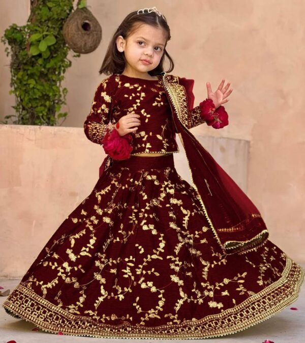 3Pcs Front Embroidered  With Embroidered Skirt And Four Side Emb Dupatta Kids 3Pcs - Image 7