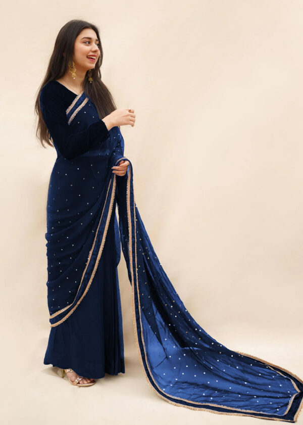 Allover Rangoli Lace Work Stitched Saree With Blouse And Pettycoat - Image 4