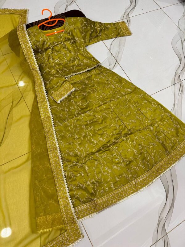 3Pcs Front Embroidered  With Embroidered Skirt And Four Side Emb Dupatta Kids 3Pcs - Image 4